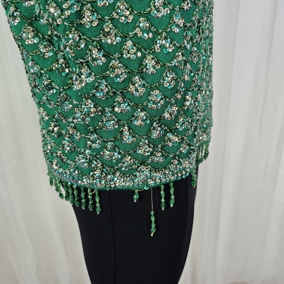 Vintage Cyn Les 100% wool green top sleeveless beaded sequin sweater festive - Picture 5 of 9